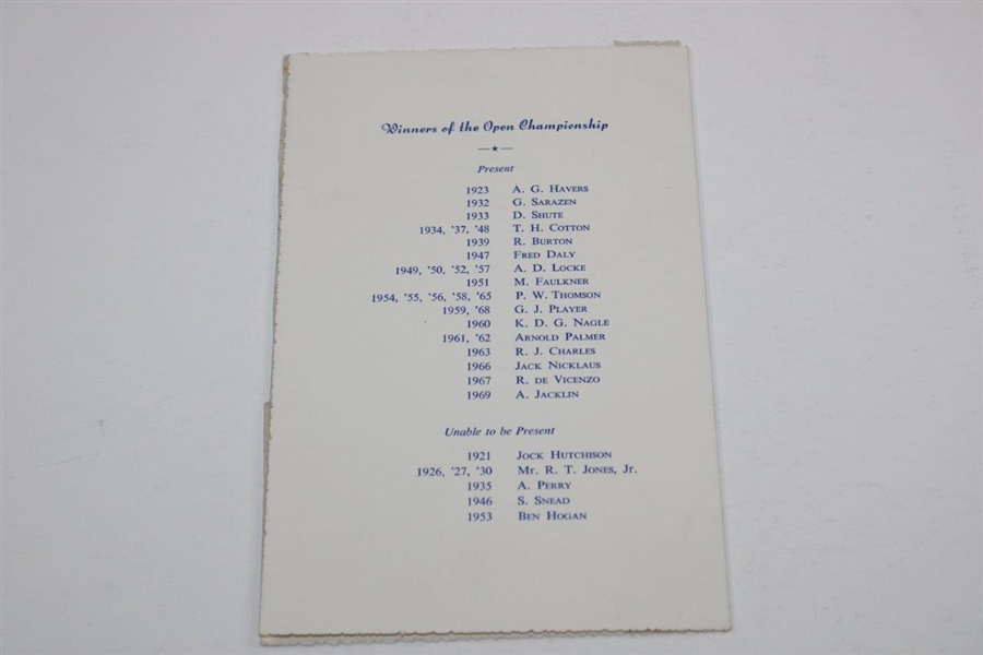 1970 Open Champs Dinner R&A Menu - From Bobby Locke's Personal Scrapbook