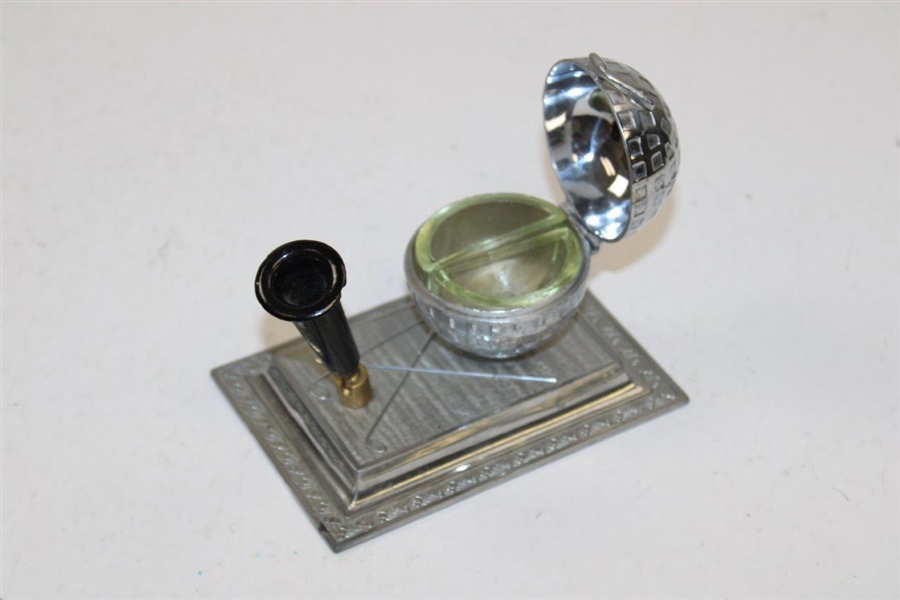 c.1920's Golf Ball Ink Stand w/Square Mesh Pattern Ball & Pen Holder, w/Quill Pen