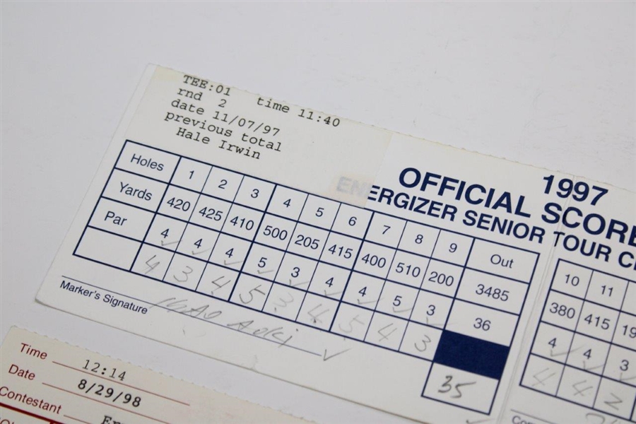 Aoki, Irwin, Appleby & Els Signed Official 1997 Sr. Tour & 1998 NEC World Series of Golf Scorecards