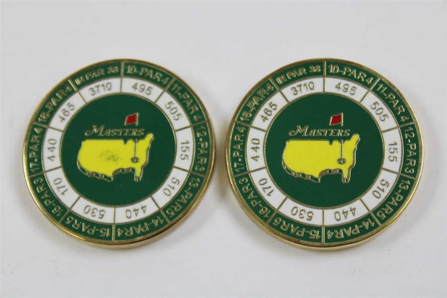 Two (2) Masters Tournament Junior Patron Ball Markers w/Course Hole Yardage