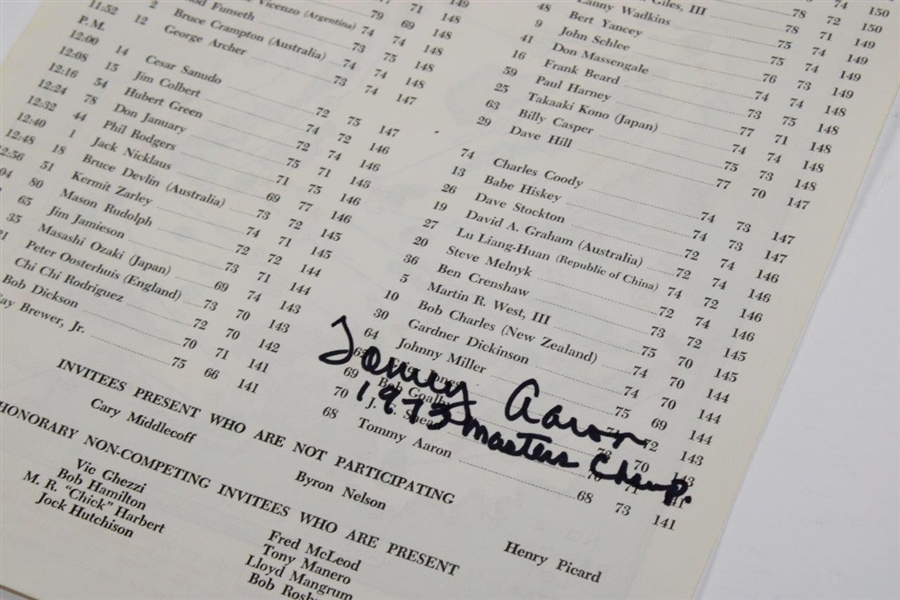 Tommy Aaron Signed 1973 Masters Saturday Pairings Sheet JSA ALOA