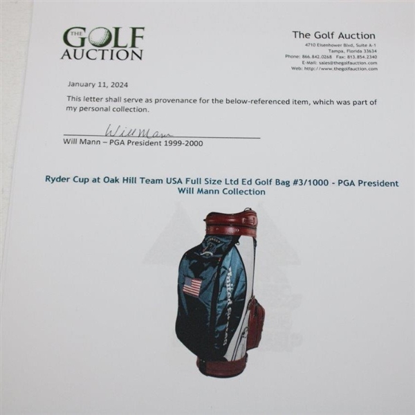 1995 Ryder Cup at Oak Hill Team USA Full Size Ltd Ed Golf Bag #3/1000 - PGA President Will Mann Collection