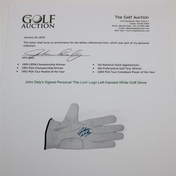 John Daly's Signed Personal 'The Lion' Logo Left-Handed White Golf Glove JSA ALOA