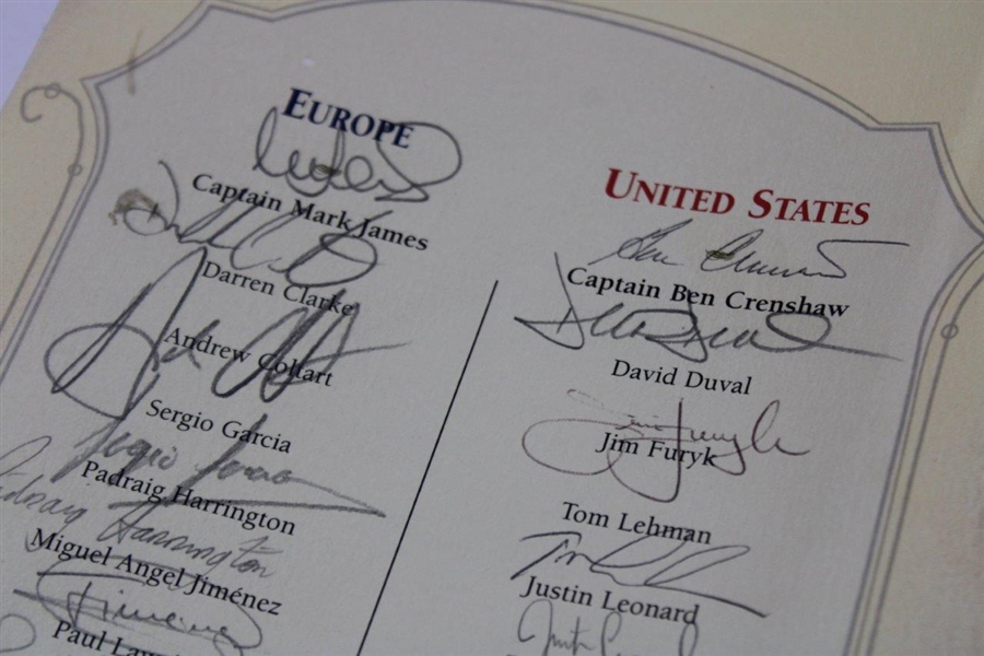 US & Europe Team Signed 1999 Ryder Cup at The Country Club Welcome Dinner Menu Inc. Payne & Tiger! Beckett#AD40772