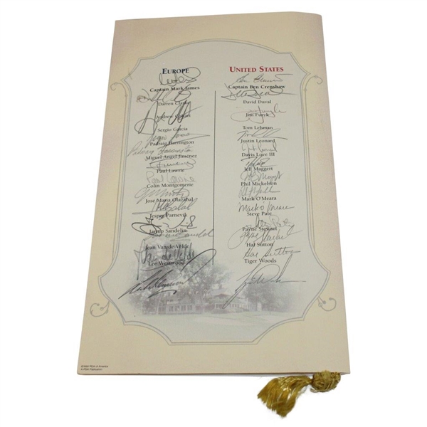 US & Europe Team Signed 1999 Ryder Cup at The Country Club Welcome Dinner Menu Inc. Payne & Tiger! Beckett#AD40772