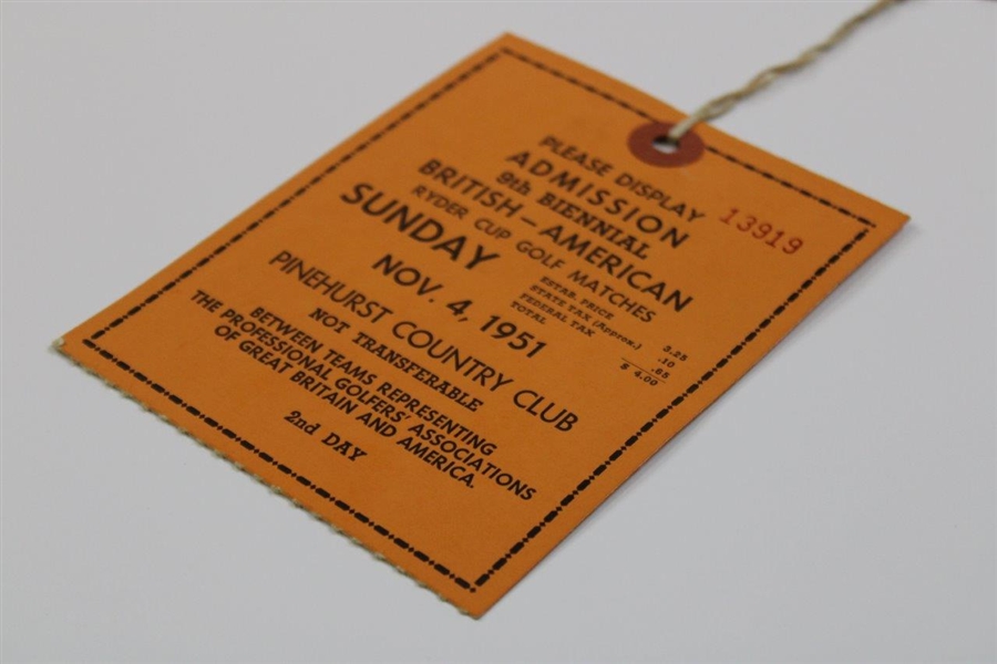 1951 Ryder Cup Sunday Ticket #13919 - Pinehurst Country Club