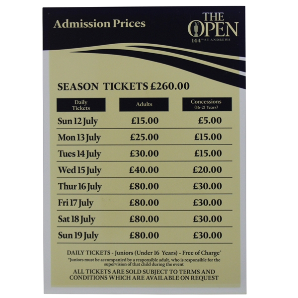 2015 Open Championship At St. Andrews Admissions Price Board/Ad