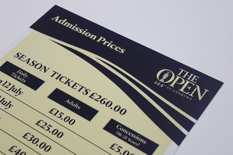 2015 Open Championship At St. Andrews Admissions Price Board/Ad