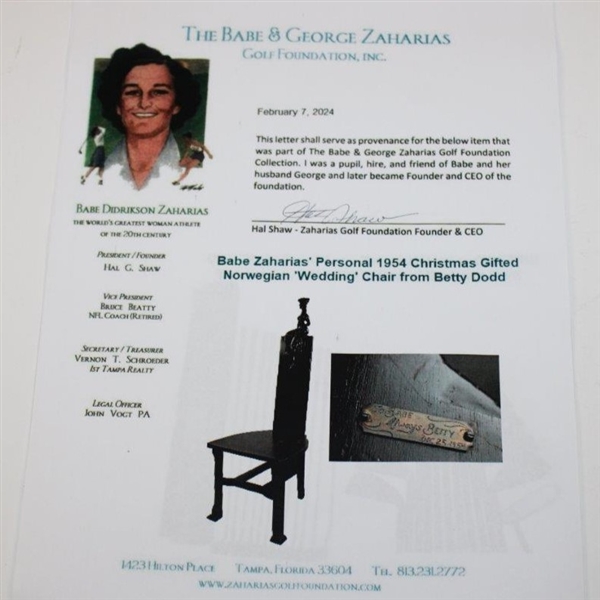 Babe Zaharias' Personal 1954 Christmas Gifted Norwegian 'Wedding' Chair from Betty Dodd