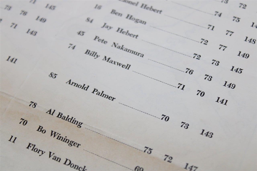 1958 Masters Tournament Saturday Pairing Sheet - Arnold Palmer Winner