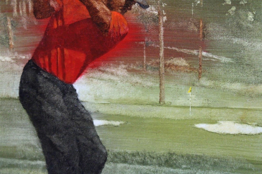 Original Tiger Woods In Sunday Red Oil Painting 'To The Green' By Artist Robert Fletcher