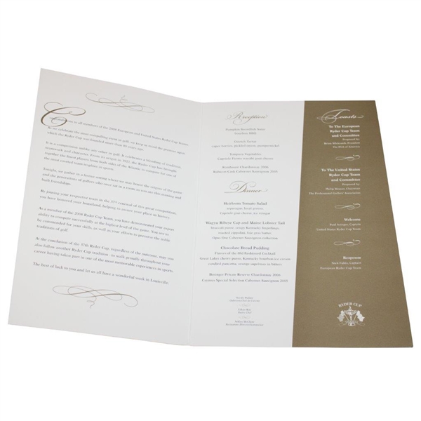 US & Europe Team Signed 2008 Ryder Cup at Valhalla Welcome Dinner Menu Beckett #AD40773