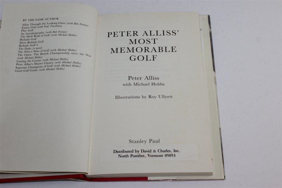 Peter Alliss' Most Memorable Golf' 1986 Book in Dust Jacket