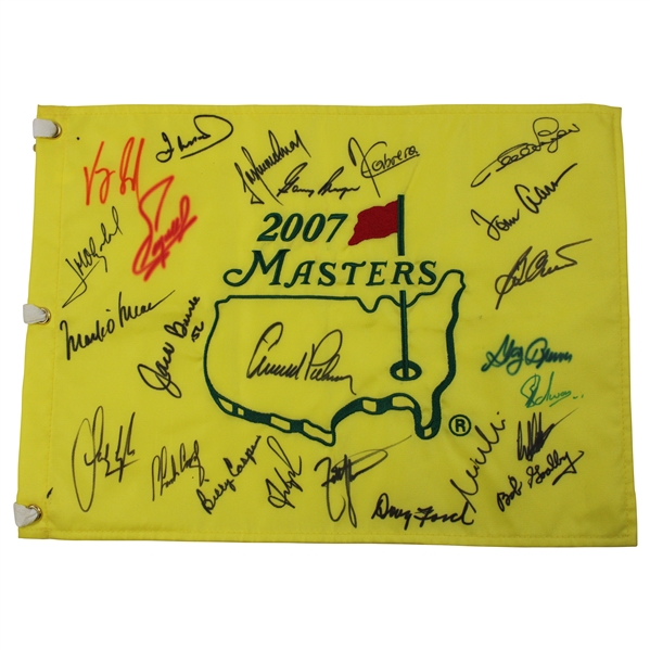 Masters CHAMPS Signed 2007 Masters Embroidered Flag w/ Arnie Center - Signed by 24 JSA ALOA