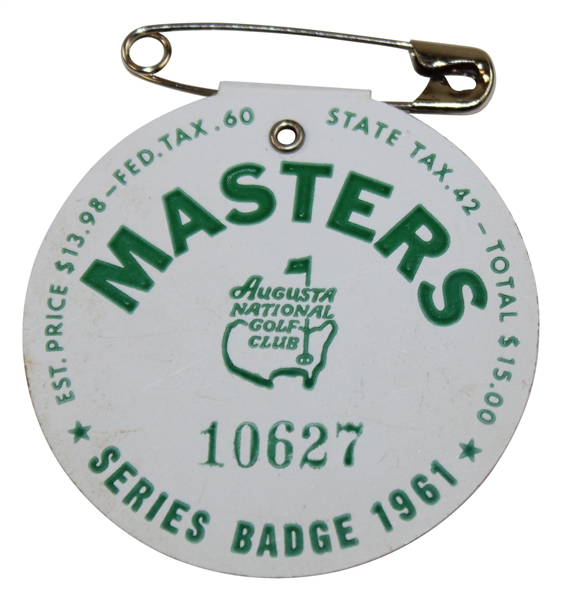1961 Masters Tournament SERIES Badge #10627 - Gary Player Winner