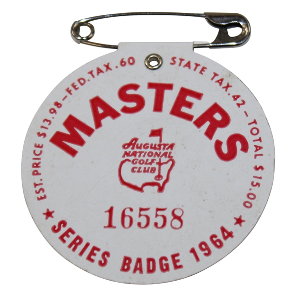 1964 Masters Tournament SERIES Badge #16558 - Arnold Palmer Win
