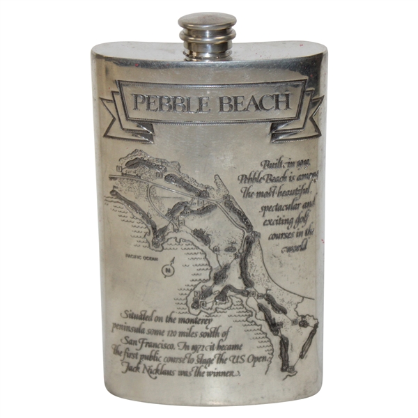 Pebble Beach Sheffield Pewter Flask with Course Layout in Original Box