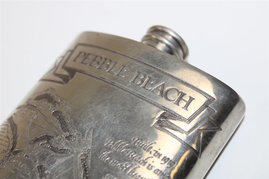 Pebble Beach Sheffield Pewter Flask with Course Layout in Original Box