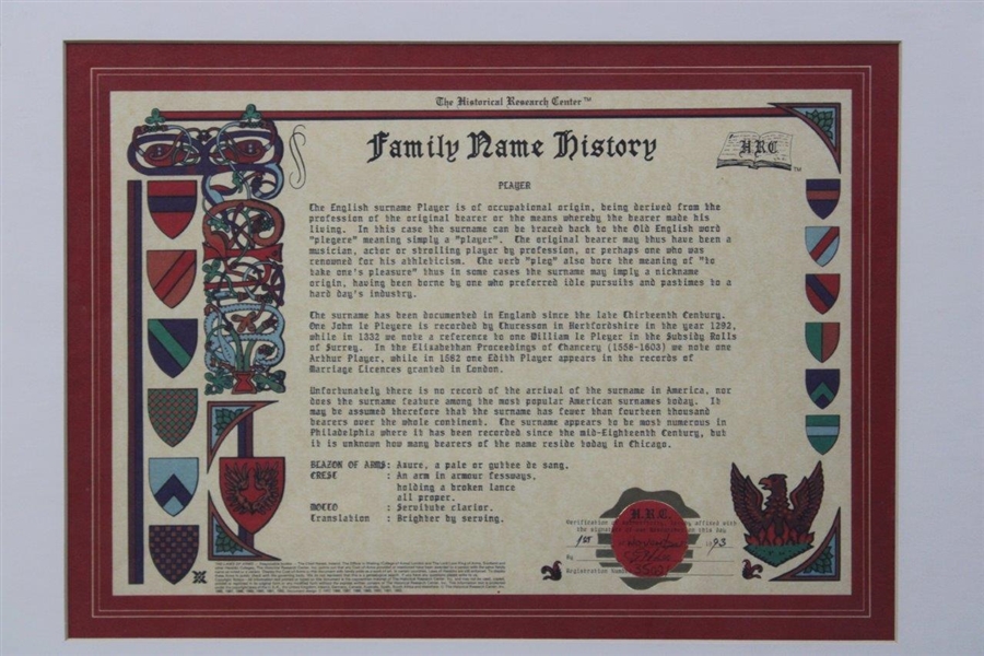 The Historical Research Center 'Family Name Directory' for (Gary) Player Family - Framed