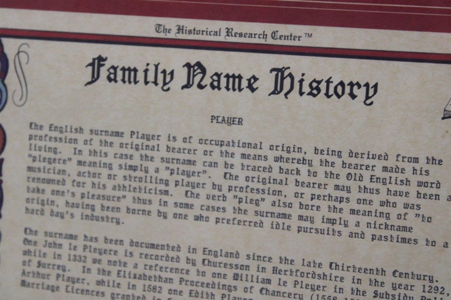 The Historical Research Center 'Family Name Directory' for (Gary) Player Family - Framed