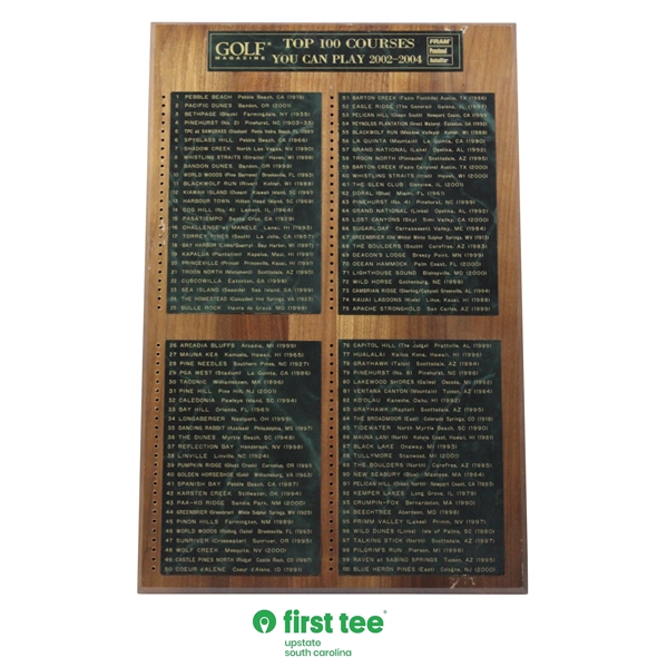 Golf Magazine 'Top 100 Courses You Can Play' - 2002-2004 Wood Plaque