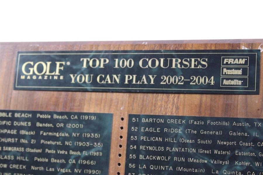 Golf Magazine 'Top 100 Courses You Can Play' - 2002-2004 Wood Plaque