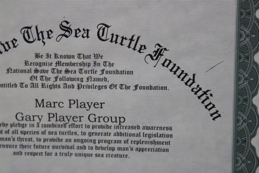 2002 National Save the Sea Turtle Foundation - Marc Player - Gary Player Group Certificate