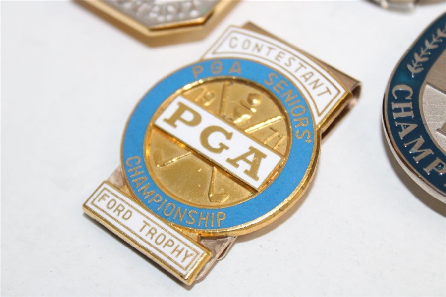 1971 PGA Seniors' Contestant Clip/Badge w/Three (3) PGA Seniors' Clip/Badges