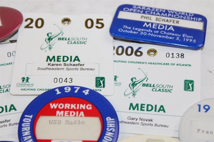 Lot of Eleven (11) Assorted Media Badges/Bag Tags w/Two Multi-Signed - Nicklaus, Woods & Mickelson Wins JSA ALOA
