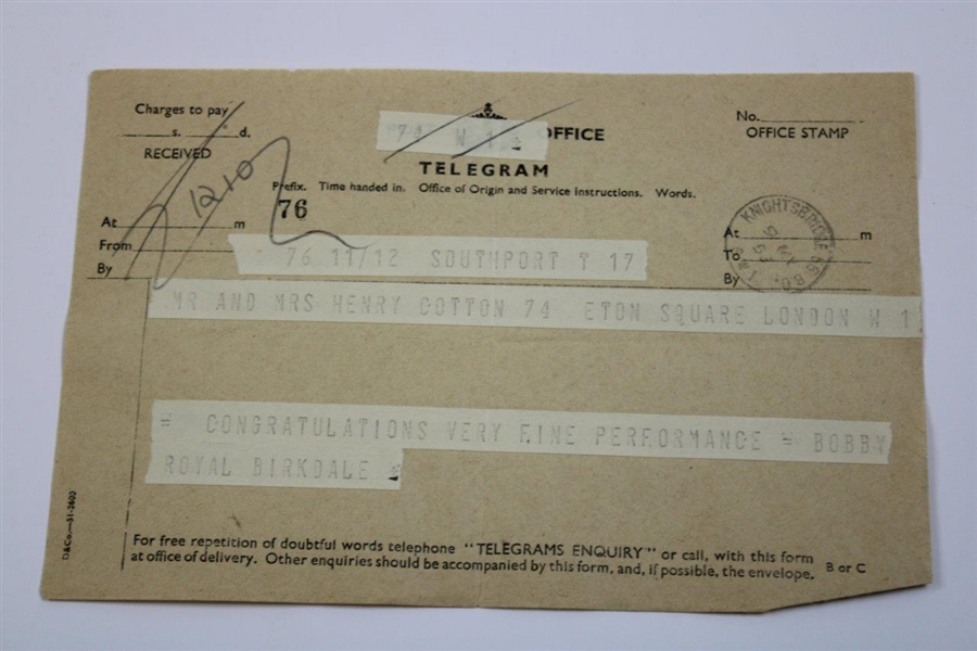 3 Telegrams To Henry Cotton 1953 From Royal Portrush, Royal Birkdale & Lord And Lady Sandhurst