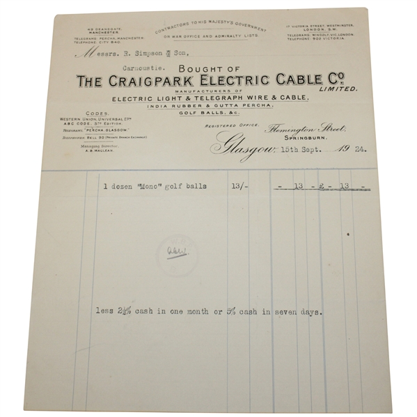 Robert Simpson & Son’s 1924 Original Invoice From The Craigpark Electric Cable Co. For A Dozen Mono Golf Balls