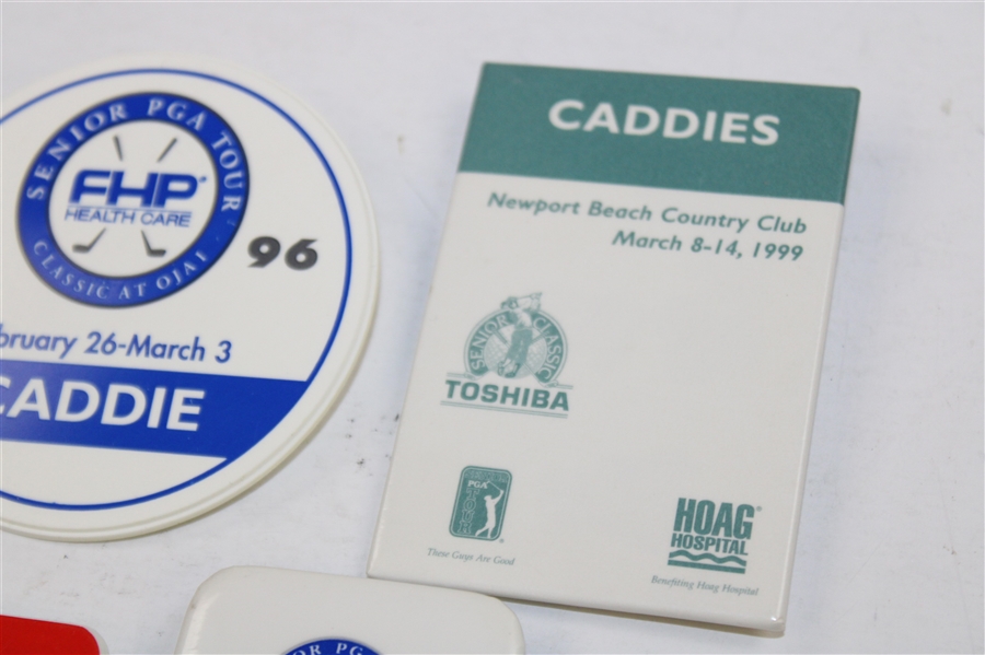 Five (5) Caddie Badges - Senior PGA Tour, Newport Beach, & Du Maurier Classic