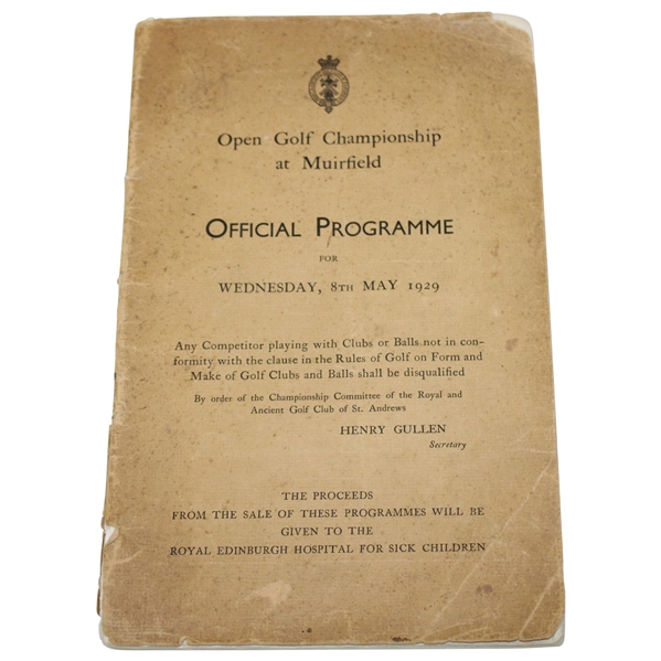 1929 OPEN Championship at Muirfield Official Wednesday Program - Walter Hagen Win