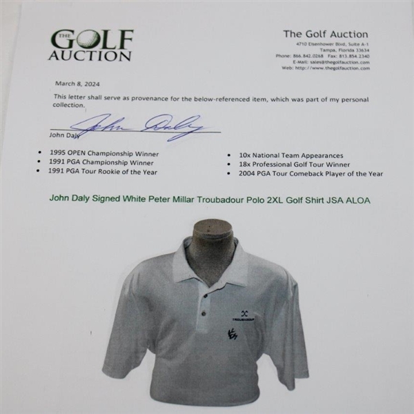 John Daly Signed White Peter Millar Troubadour Polo 2XL Golf Shirt JSA ALOA