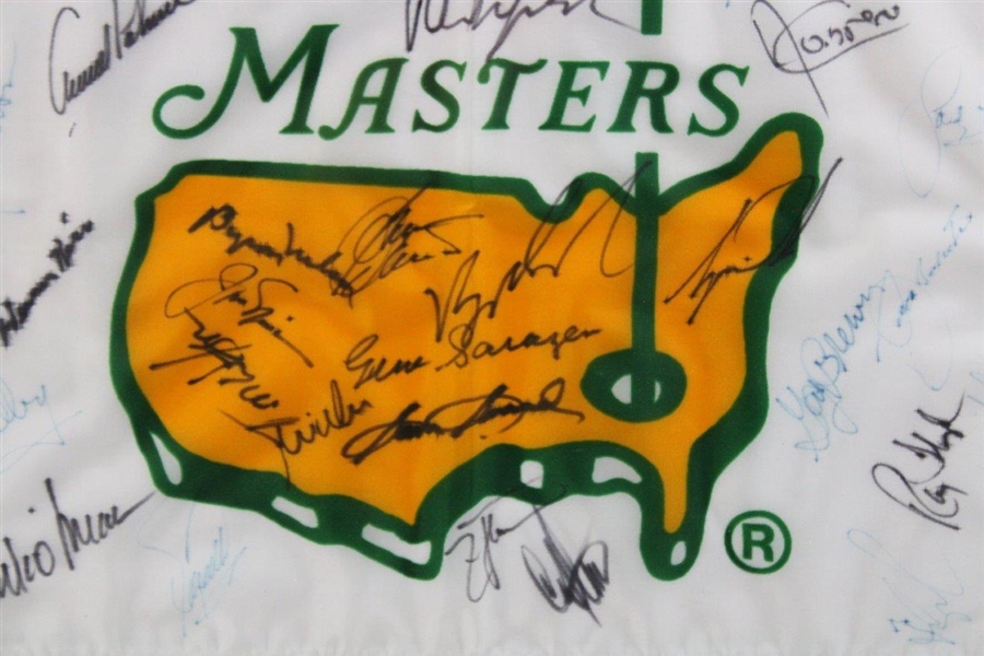 Tiger, Jack, Palmer, Sarazen, Nelson & 32 other Masters Champs Signed 1993 Flag - Framed JSA ALOA