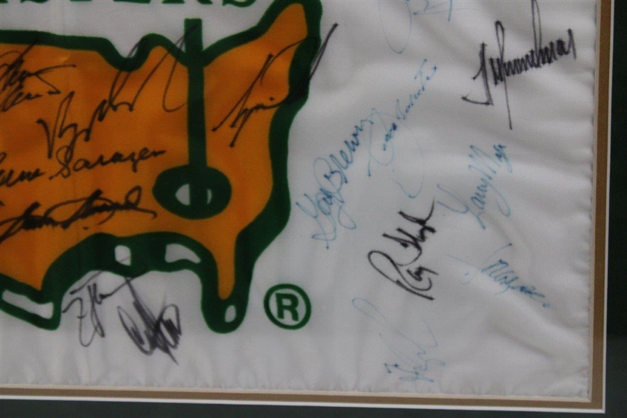 Tiger, Jack, Palmer, Sarazen, Nelson & 32 other Masters Champs Signed 1993 Flag - Framed JSA ALOA