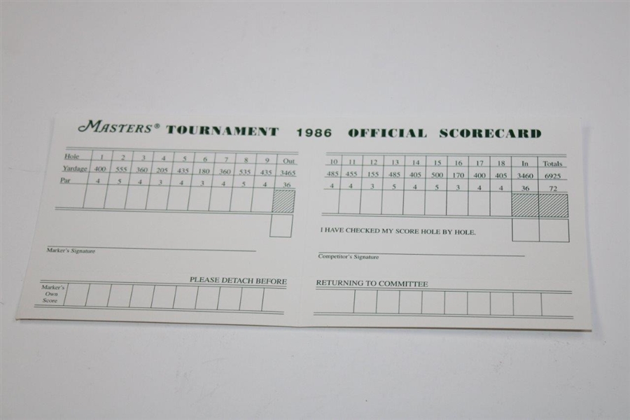 1986 Masters Tournament Official Scorecard - Jack Nicklaus' 6th Masters Win