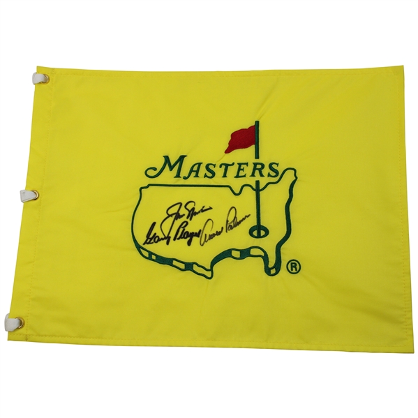 Big Three (Palmer, Player, Nicklaus) Signed Undated Masters Embroidered Flag JSA ALOA