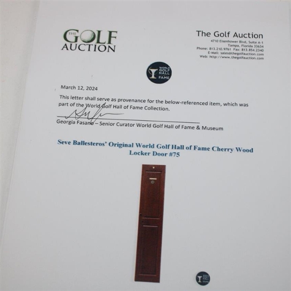 Seve Ballesteros' Original World Golf Hall of Fame Cherry Wood Locker Door #75