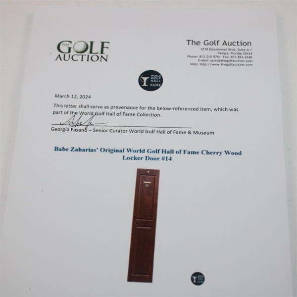 Babe Zaharias' Original World Golf Hall of Fame Cherry Wood Locker Door #14