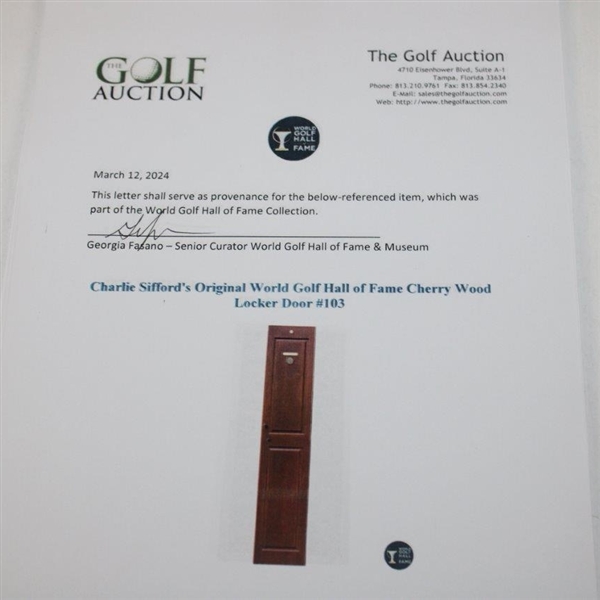Charlie Sifford's Original World Golf Hall of Fame Cherry Wood Locker Door #103