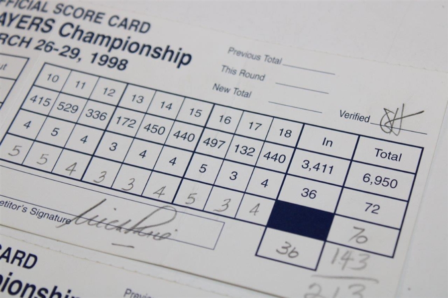 Singh, Price & Four Others Signed 1998 Players Championship Used Scorecards