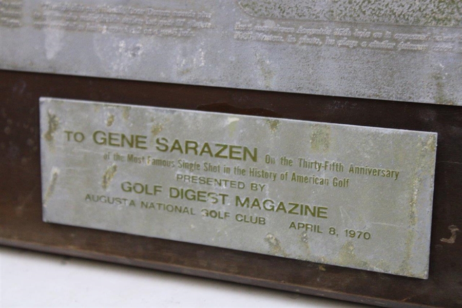 Gene Sarazen's Personal 1935 Masters Double Eagle Golf Digest 1970 Printing Plate Plaque Award