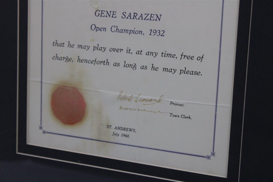 Gene Sarazen's Personal 1960 St Andrews 'Free Use Of Old Course In Perpetuity' 50th Open Aniv. Award