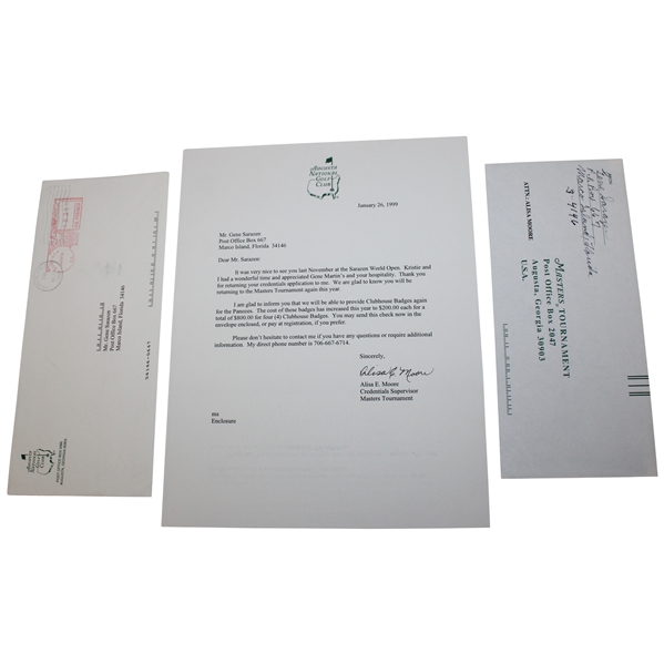 Gene Sarazen's Personal Augusta National Golf Club Masters Badges Correspondence w/ Signed Envelope JSA ALOA
