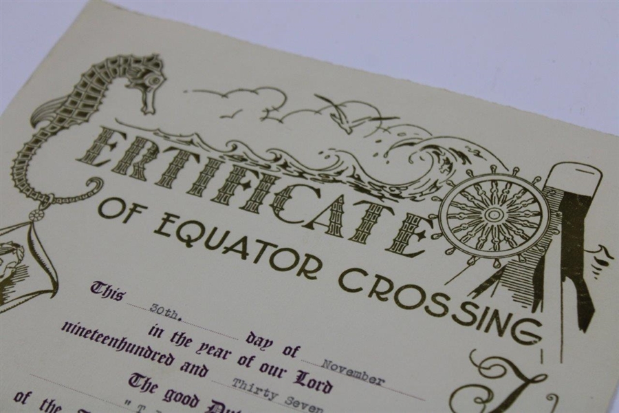 1937 Crossing Of The Equator Certificate To Mrs. M K Sarazen - Sarazen Collection