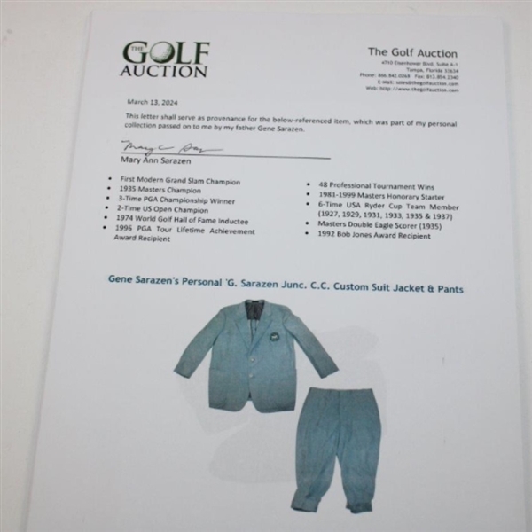 Gene Sarazen's Personal 'G. Sarazen Junc. C.C. Custom Suit Jacket & Pants