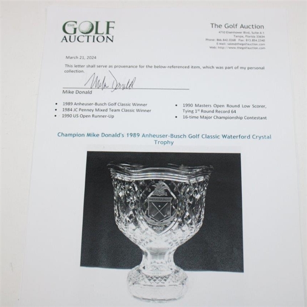 Champion Mike Donald's 1989 Anheuser-Busch Golf Classic Waterford Crystal PGA Tour Trophy
