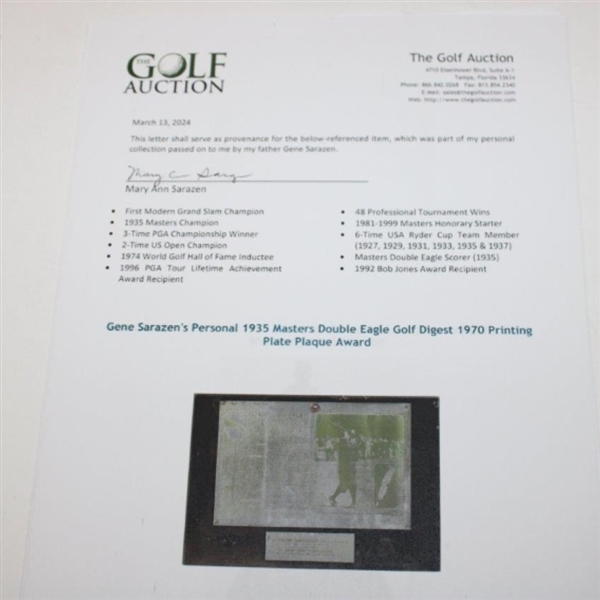 Gene Sarazen's Personal 1935 Masters Double Eagle Golf Digest 1970 Printing Plate Plaque Award