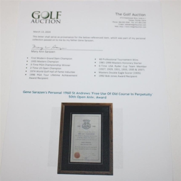 Gene Sarazen's Personal 1960 St Andrews 'Free Use Of Old Course In Perpetuity' 50th Open Aniv. Award